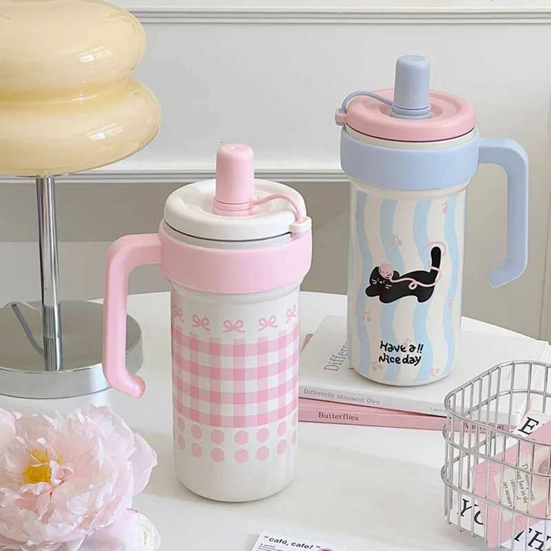 1000ML Thermos Water Cup For Girls Ice Coffee Cup With Handle Straw Tumbler Large Capacity 316 Stainless Steel Insulated Cup H251215