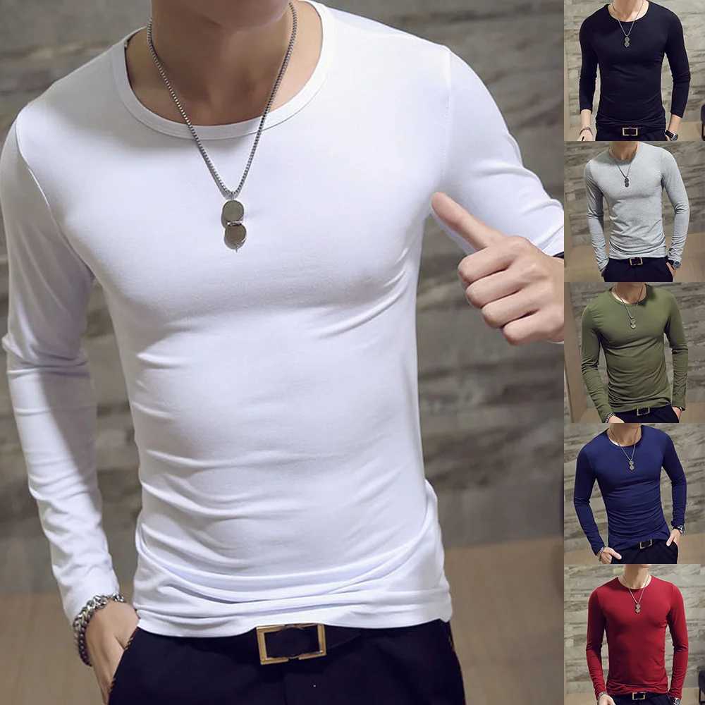 Mens Casual Slim Fit Long Sleeve T-Shirts O-Neck Man Elastic Lightweight Thermal Base Layer Male T Shirt Solid Color Tops Tees G251215