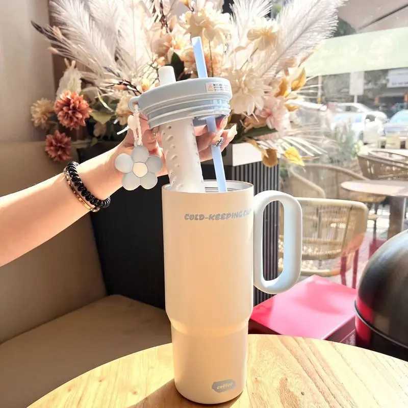 Large Capacity High Aesthetic Straw Water Bottle Couple Water Cup Girlfriend Gift Double Wall Insulated Stainless Steel Tumbler H251215