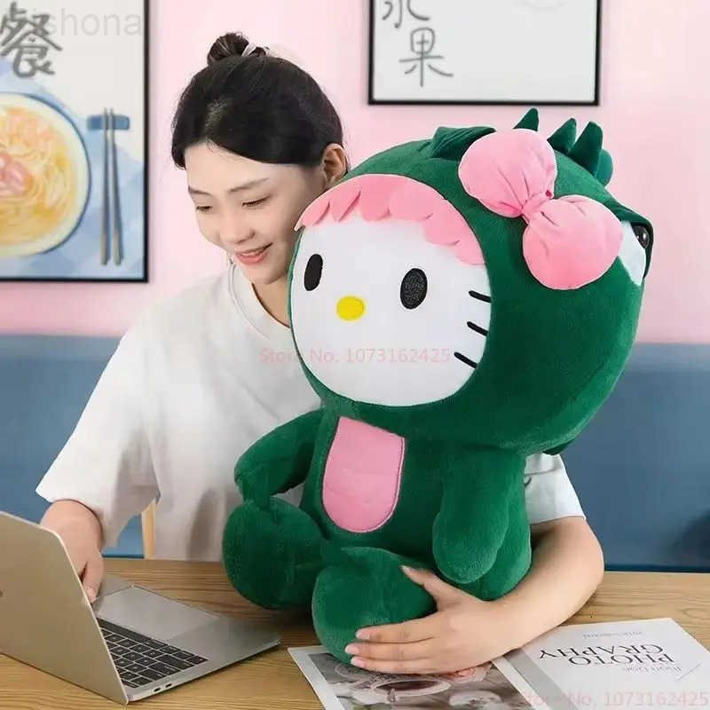 Sanrio 80cm Dinosaur Hello Kitty Plush Toy Kawaii Anime Large Plushie Pillow Cute 35/50/65cm Cartoon Stuffed Doll Christmas Gift H251215