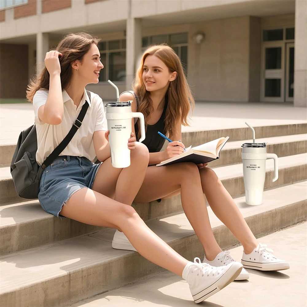 1pc Stainless Steel Ice Tumbler 3855oz Insulated Cup with Handle Straw Keeps Cold for 24 Hrs Car Insulation Cup Coffee Water H251215