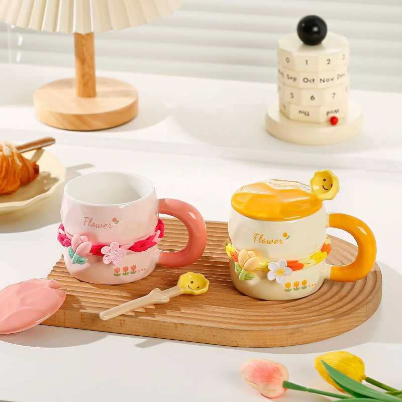 Girls Household Lovely Flower Ceramic Cup with Lid Spoon Advanced g Tip Cup H251215