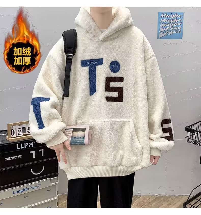 Autumn/Winter Classic Minimalist Fleece-Lined Hoodie for Men & Teens - Fashionable Versatile Sherpa-Lined Warm Sweatshirt