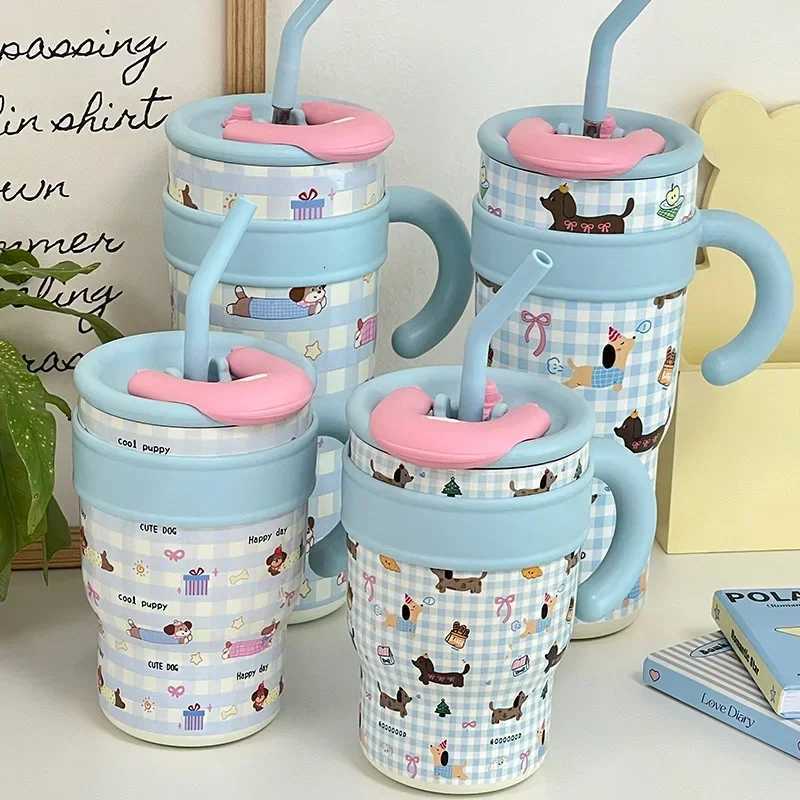 1200ml Cute Water Bottles Large Capacity Thermos Bottle with Straw 700ml Coffee Cup Birthday Gift Travel Mugs with Handle H251215