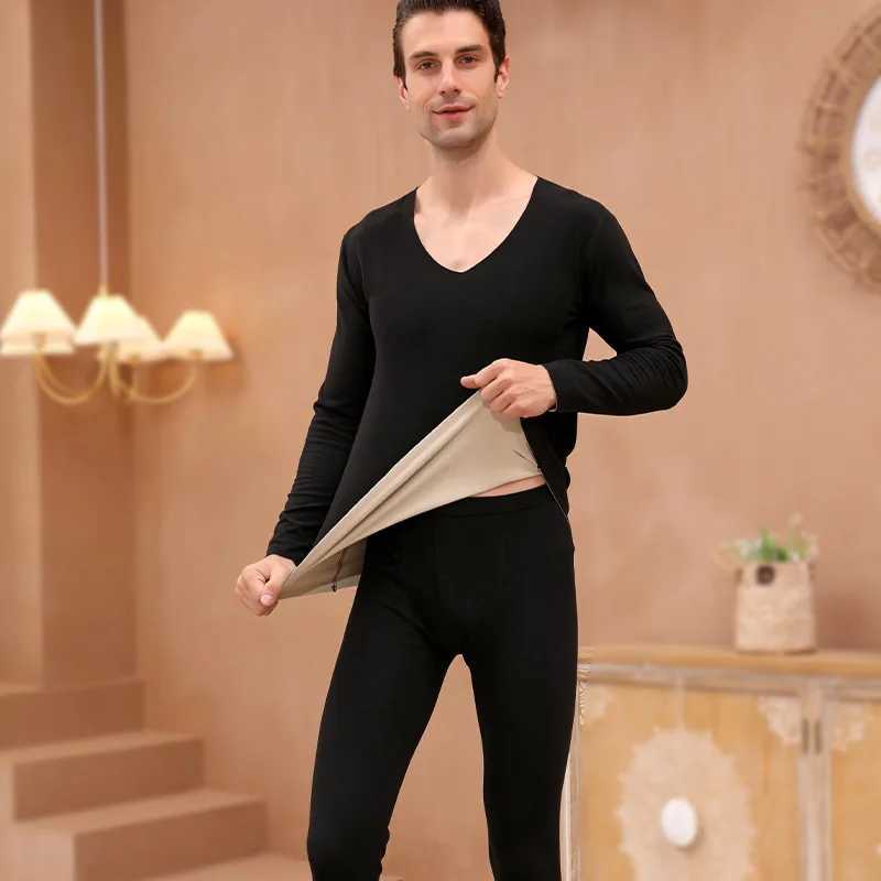 Plus Size Thickened Thermal Underwear Set Men Fleece Solid Color Autumn Clothes and Long Pants Soft Crew Neck warm pants G251215