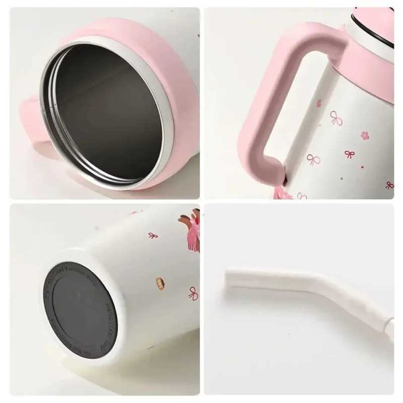 1000ML cute cartoon thermos cup 316 stainless steel ice cup non-slip frosted handle straw Super large capacity thermos cup H251215