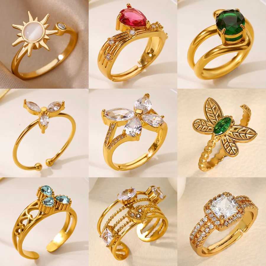 Zircon Butterfly Heart Rings for Women Girls Gold Color Stainless Steel Open Ring Trendy Luxury Aesthetic Jewelry 2025 Style M251215
