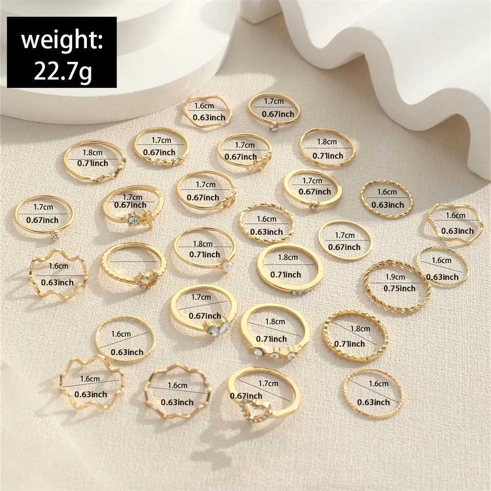 28pcs/Set Fashionable Heart Star Rhinestone Simple Wave Metal Circle Hollow Geometric Multi-Element Style Rings For Women M251215