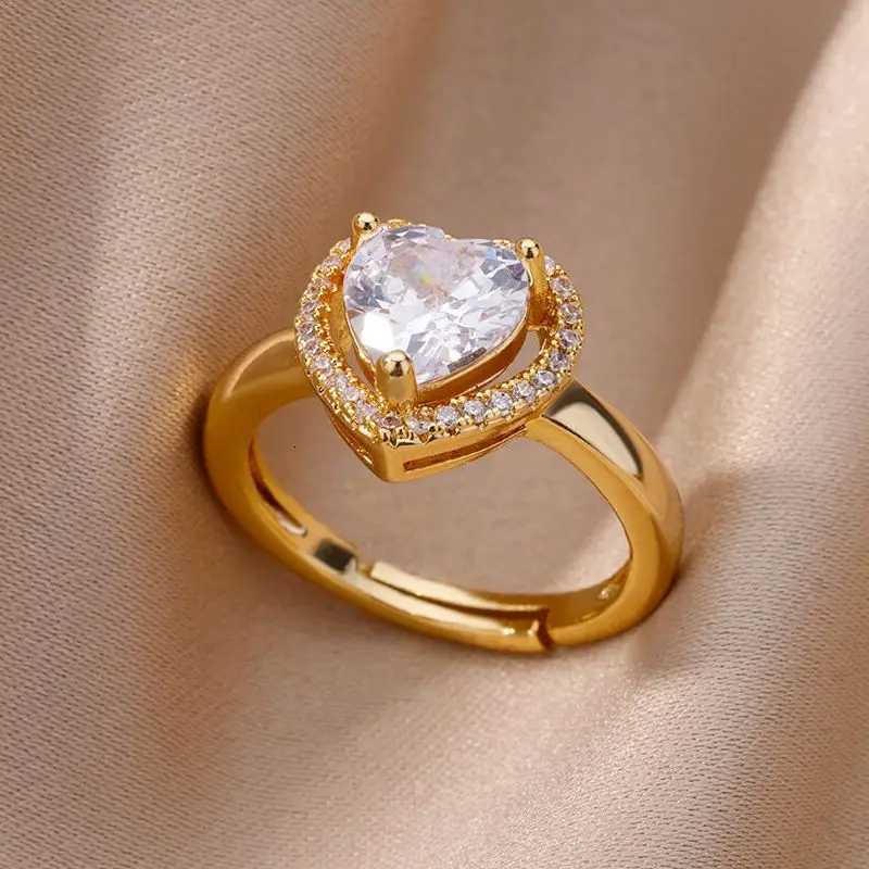 Stainless Steel Heart Rings For Women Zircon Gold Plated Heart Adjustable Ring Femme Wedding Party Accessories Jewelry Gift 2023 M251215