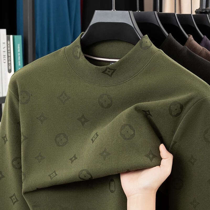Autumn Winter New Men's Half Turtleneck De Velvet Sweatshirt Non-Iron Korean Version Printed T-Shirt Brushed Long Sleeve Top Base Shirt