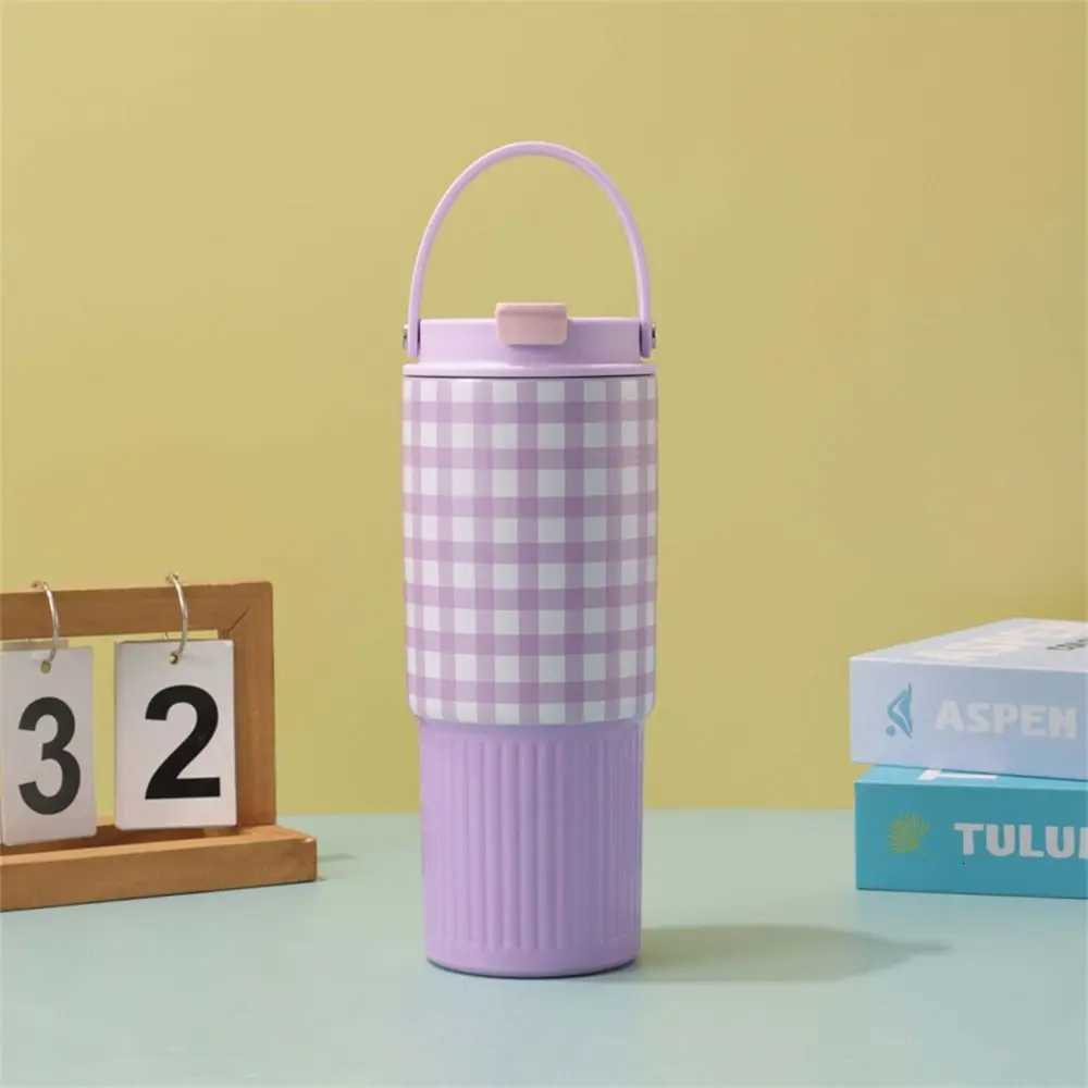 800ML Stainless Steel King Cup With Handheld Insulation Or Cooling Vacuum Straw Cups Bow Love Grid Print Insulated Cup H251215