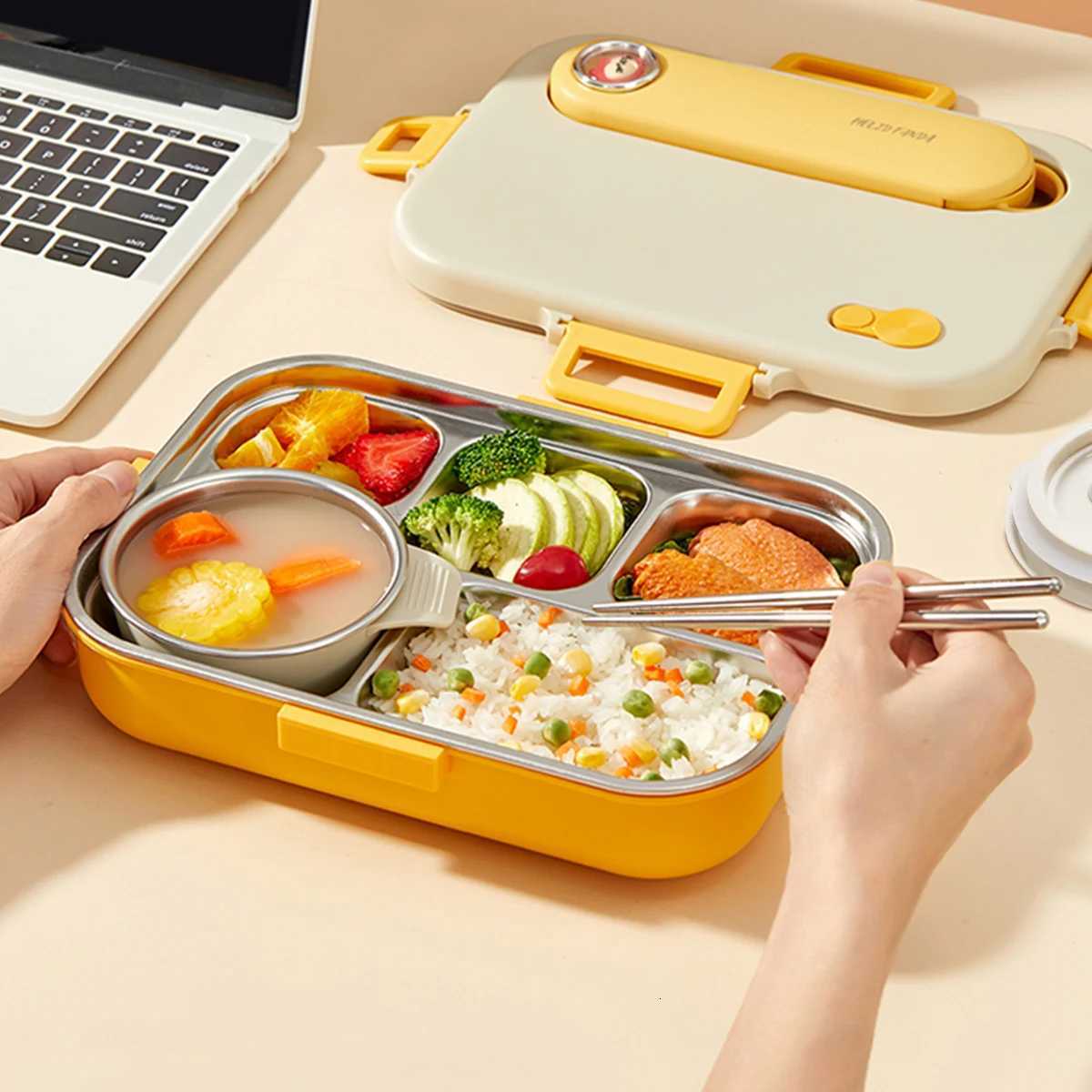 4/5 Grids Portable Bento Box With Bowl Cutlery 304 Stainless Steel Divided Lunch Box Microwave Heatable Lunch Container Set H251213