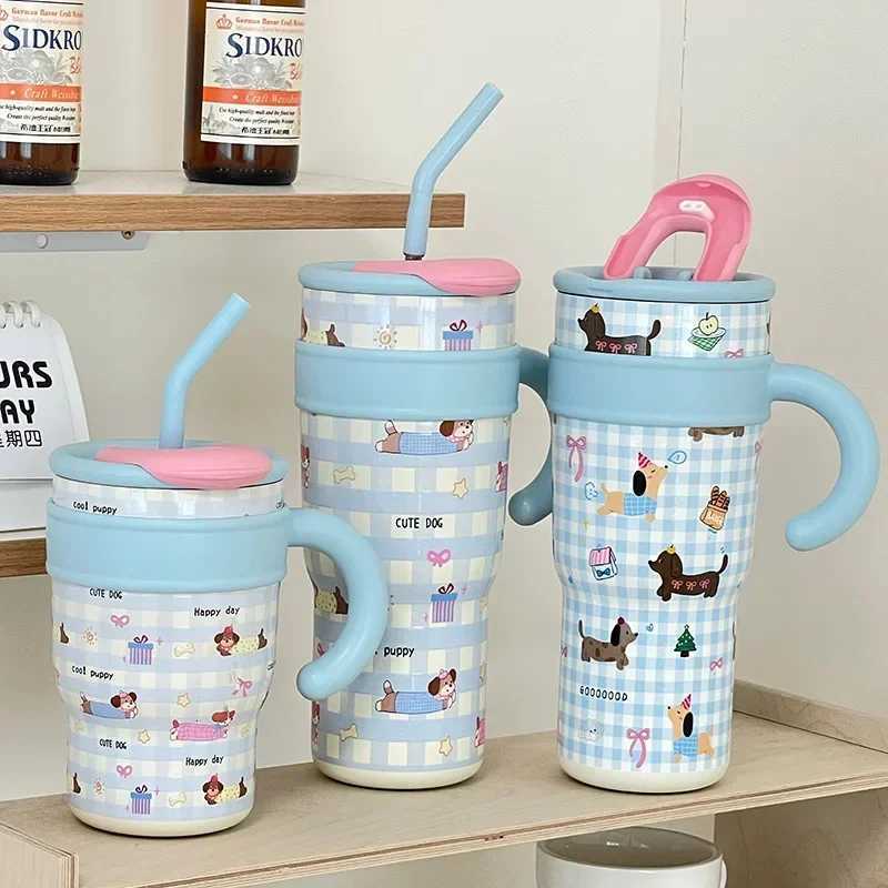 700/1200ml Large Capacity Straw Thermos Cup Stainless Steel Tumbler Bottle Car Travel Mugs With Handle Kawaii Thermos Cup Gift H251215