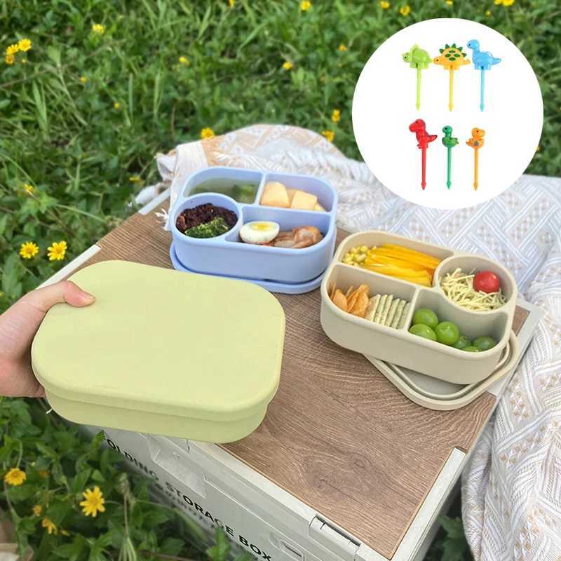 Silicone Lunch Box with Mini Fruit Fork Set 4-Cpartment Leak-Proof Snack Containers for Kids Microwave Safe Food Container H251213