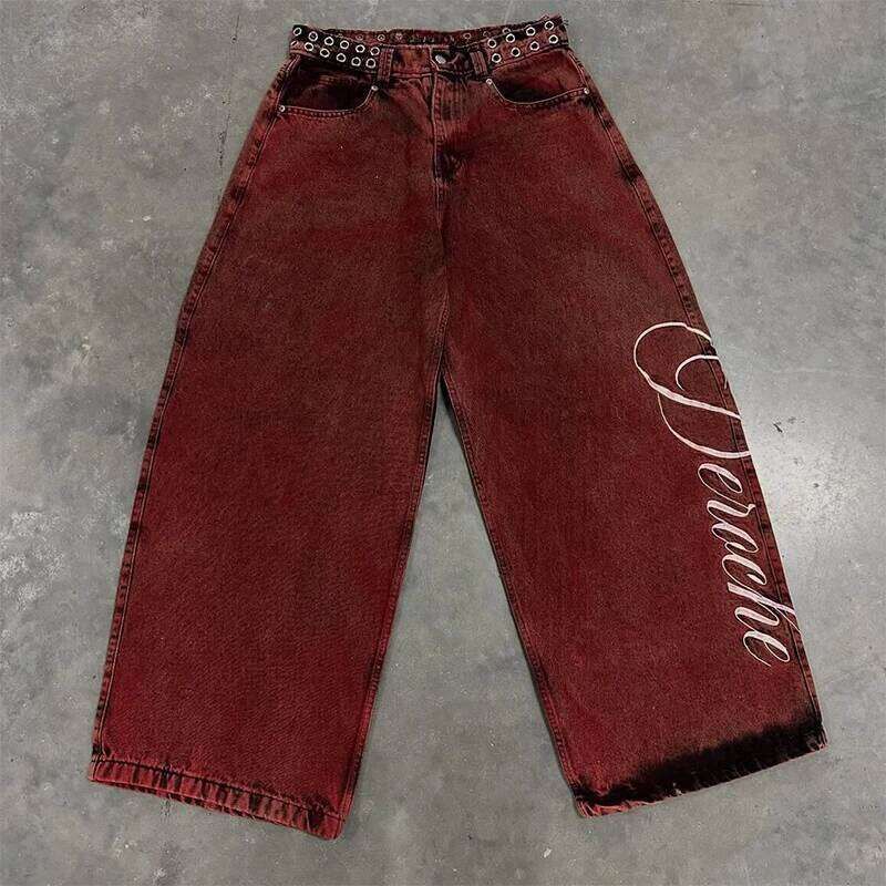 Y2K Casual Loose Vintage Letter Print Rivet Belt Design Red High Waist Wide Leg Jeans Men Women Hip Hop Streetwear C251215