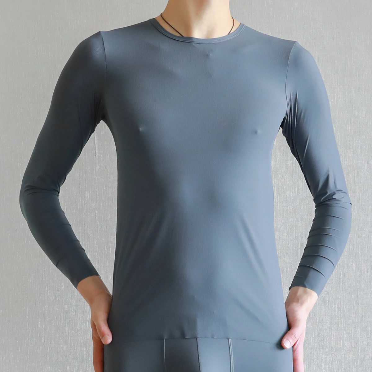 Men Thermal Underwear Tops Silk Quick Drying Underwear Long Sleeve T-shirts Undershirts Breathable Slip Sleepwear G251215