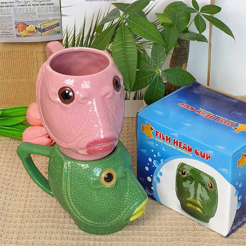 Funny Cup Ugly Green Fish Ceramics Coffee Cup Large Capacity Creative Off Childrens Water Cup gs H251215