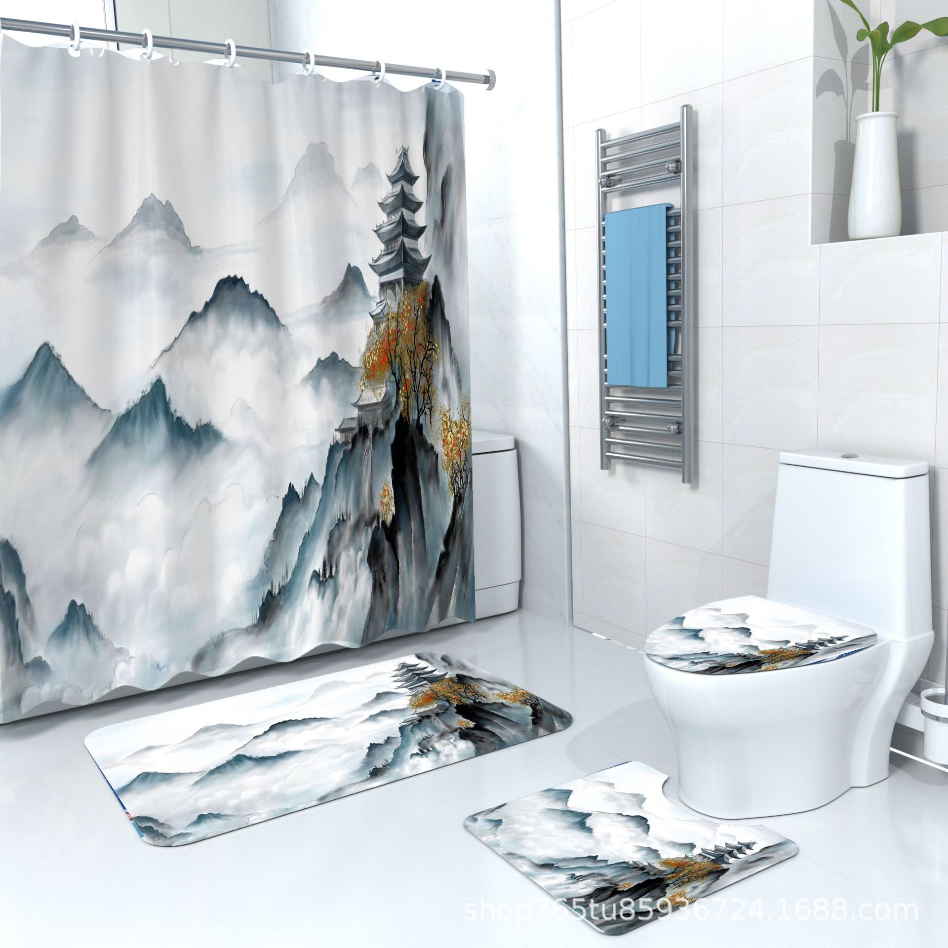 YL-37961 Eco-friendly Shower Curtain with Heat Transfer Printing, Waterproof, Comes with Hooks, Shower Curtain in Stock