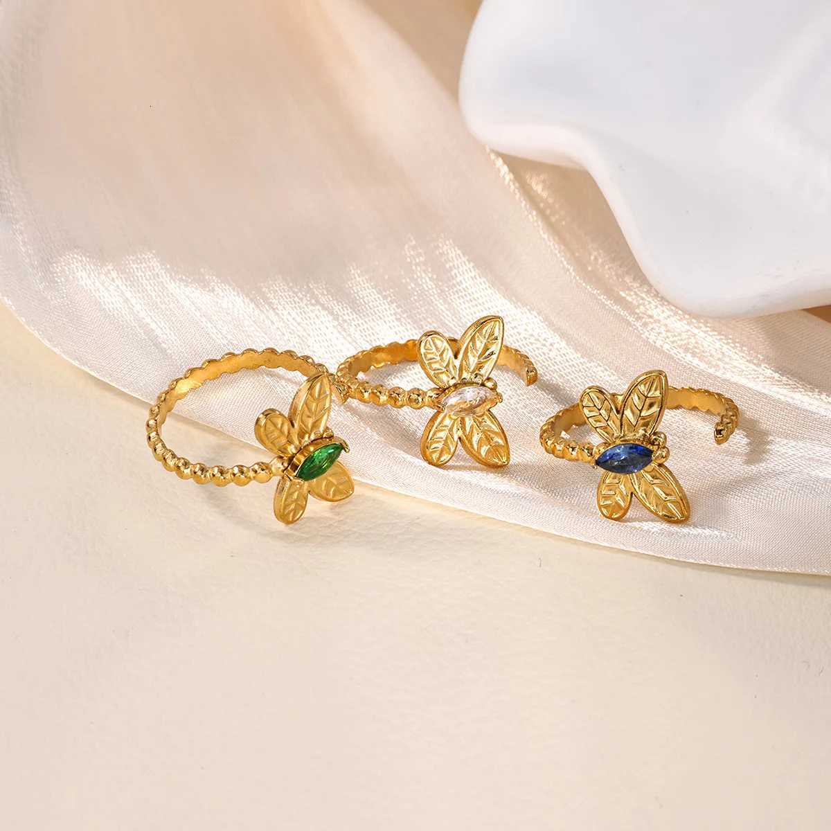 Zircon Butterfly Heart Rings for Women Girls Gold Color Stainless Steel Open Ring Trendy Luxury Aesthetic Jewelry 2025 Style M251215