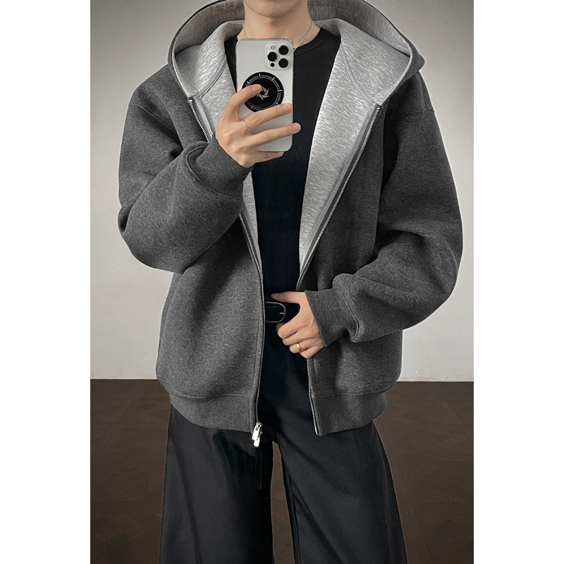 430G Heavyweight Patchwork Cardigan Hoodie for Men - American Trendy Brand Boxy Cropped Silhouette Top, Casual Outerwear