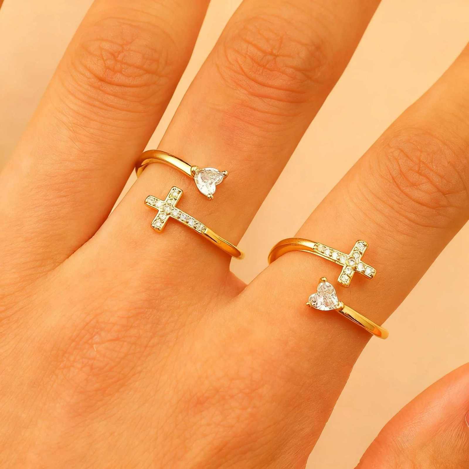 CZ Cross Heart Zircon Gold Plated Adjustable Size Fashion Ring For Women Girl Finger Accessories Party Jewelry M251215