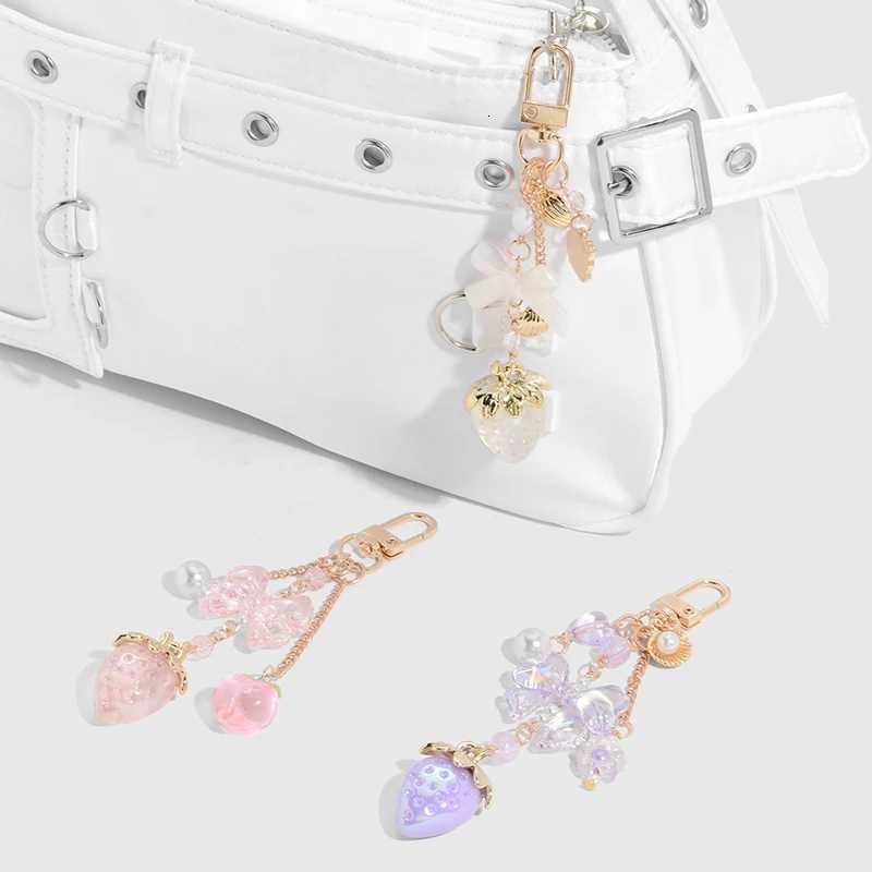Y2K Bowknot Strawberry Keychain for Women Exquisite Sweet Flower Peach Bag Pendant Cute Romantic Accessorymobile Phone Chain M251215