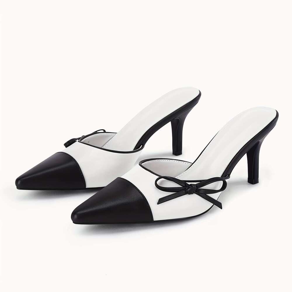 Womens Bow Tie Mules Heels Two Tone Closed Pointed Toe Slip On Backless Wedding Dress Shoes Pumps