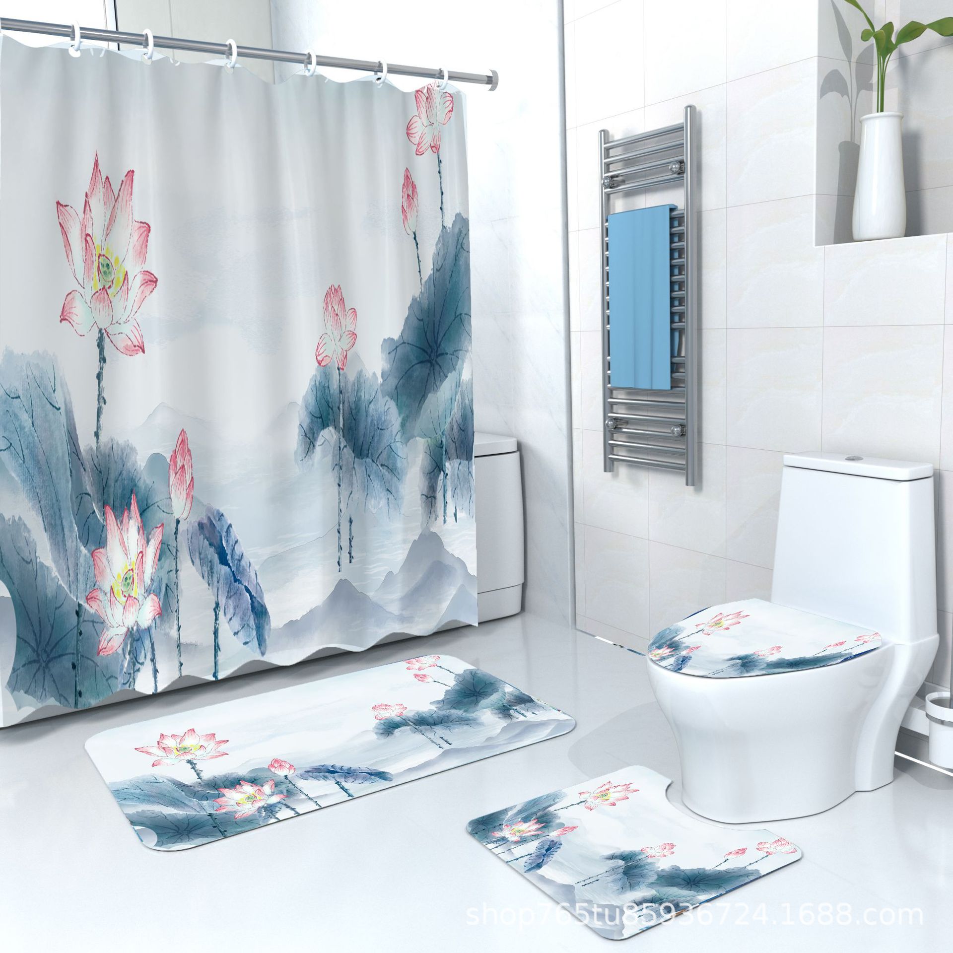 YL-37960 Eco-friendly Shower Curtain with Heat Transfer Printing, Waterproof, Comes with Hooks, Shower Curtain in Stock