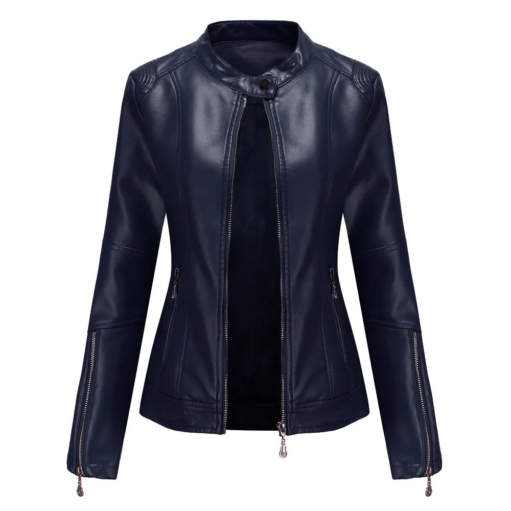 Womens Thin Leather Jacket Navy Blue Coat PU Motorcycle Black Rock Punk Quality Spring and Autumn 251205
