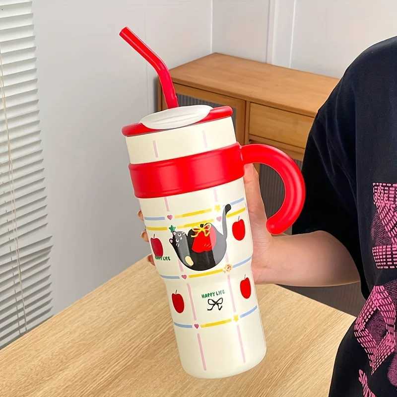12L Cute Cat Thermos Cup SUS316 Outdoor Travel Portable Large Capacity Ice Cup Car Cup with Handle Straw as a Birthday Gift H251215