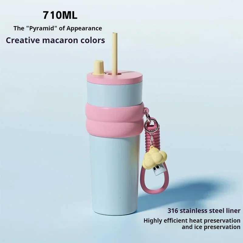 Stainless Steel Thermos Cup Large Capacity Car Coffee Cup Tea Water Bottle Vacuum Flask Portable Cups Cute Straw cup H251215