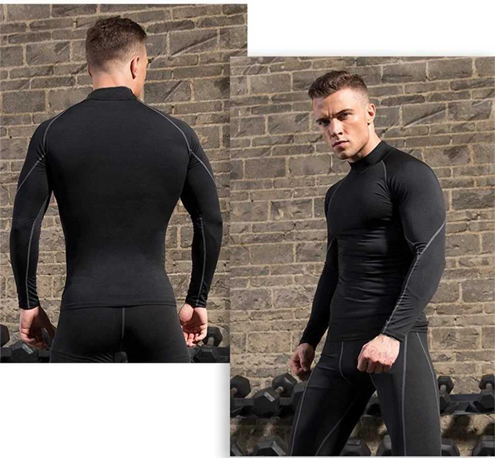 Fall/Winter Slim Thermal Underwear Mens Sport Long-Sleeve Compression Warm Half-high Collar Bottoming Top Pullover T-Shirts G251215
