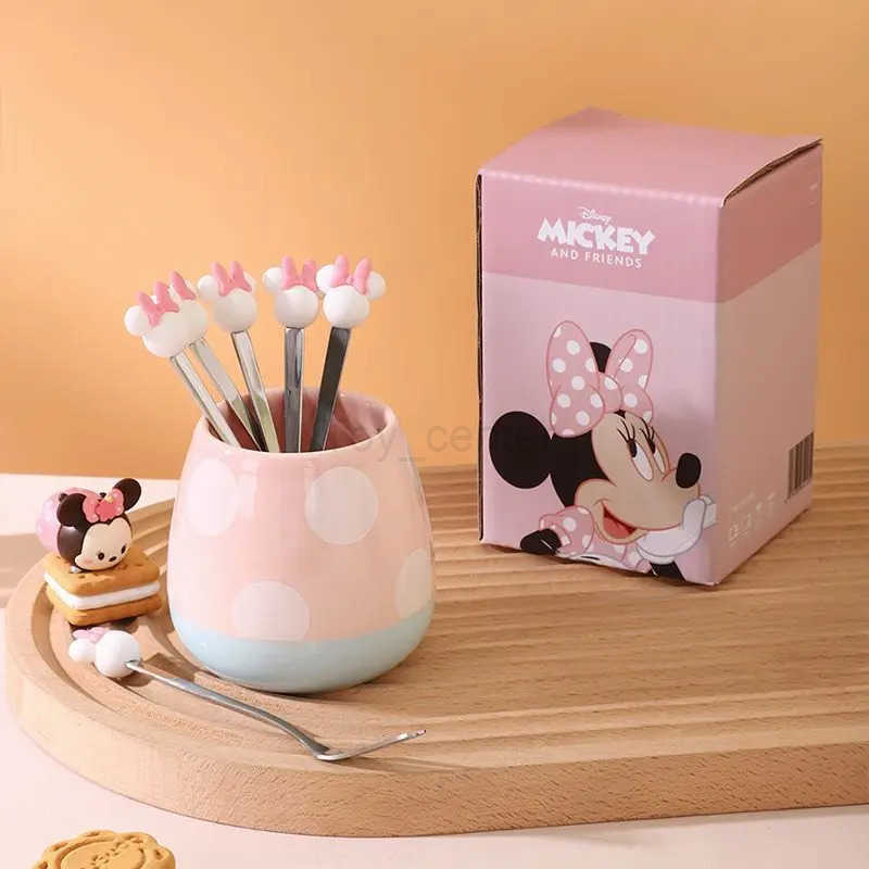 Disney Kawaii Mickey Minnie stainless steel fruit fork set household child safety fork with storage ceramic jar gift wholesale H251215
