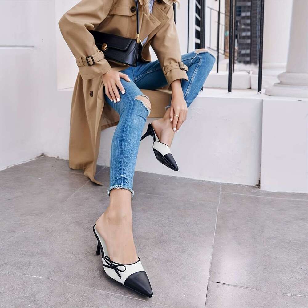 Womens Bow Tie Mules Heels Two Tone Closed Pointed Toe Slip On Backless Wedding Dress Shoes Pumps