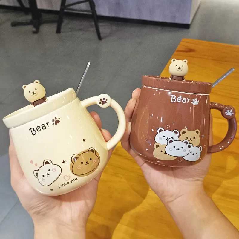 Creative Bear Ceramic gCute Cartoon Coffee gs with Lid SpoonBreakfast Milk Drink CupsCouple Water CupOff Tea Cup Set H251215