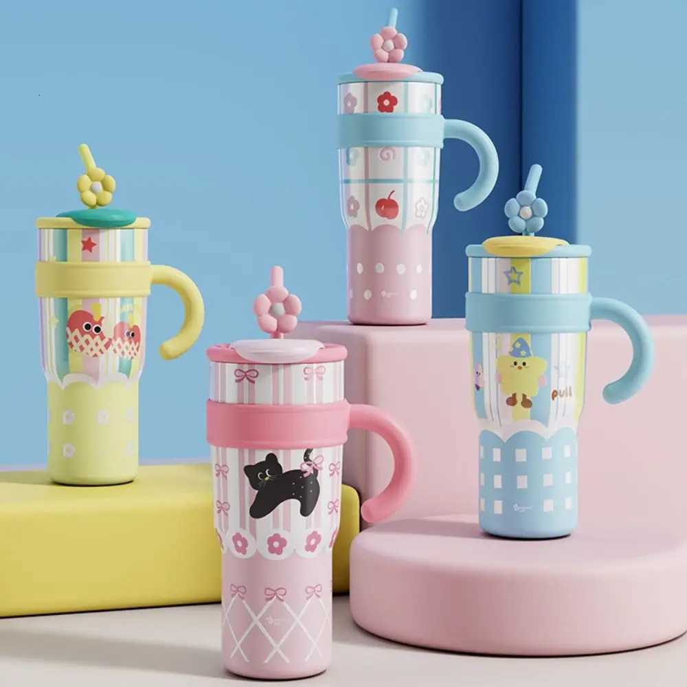Fashion 700ML/1200ML Insulated Cup Stainless Steel Cartoon Drinking Straw Cup Large Capacity with Handle Water Bottle H251215