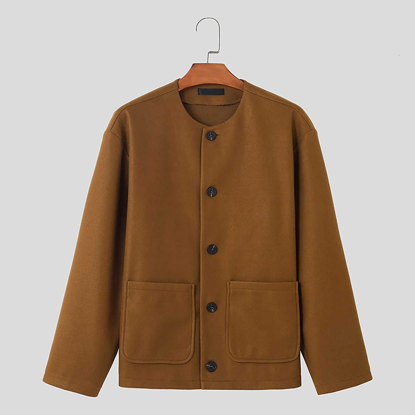 MenS Casual Jacket Design Collarless Loose Silhouette Woolen Solid Color Jacket Windbreaker MenS Jacket H251215 - view 7