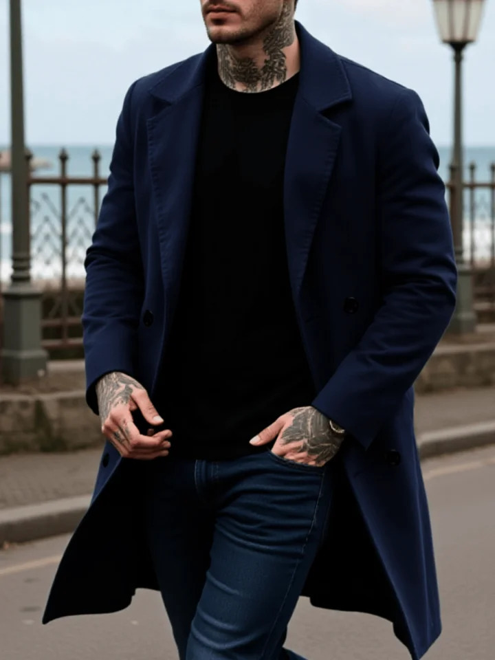 Mens Streetwear Wool Coat DoubleBreasted Retro n Thickened Tweed with Warm Stand Collar Manswear 251211 - view 5