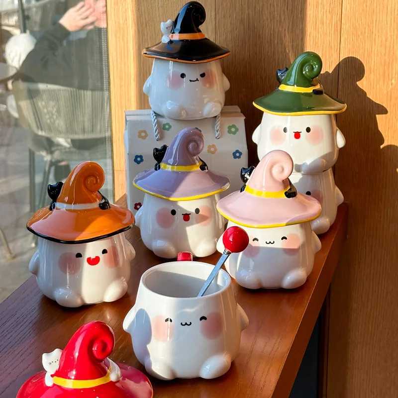 Ghost Cat Ceramic g With Lid Birthday Gift For Girls Cute Kitchen Drinkware Cpanion Handmade Gift Box Set H251215