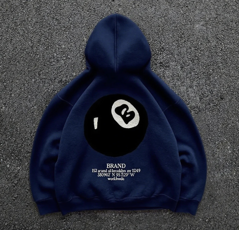 Retro 8-ball pattern hooded mens streetwearoversized pullover casual and fashionable sportswear daily wear and hip-hop style 251212