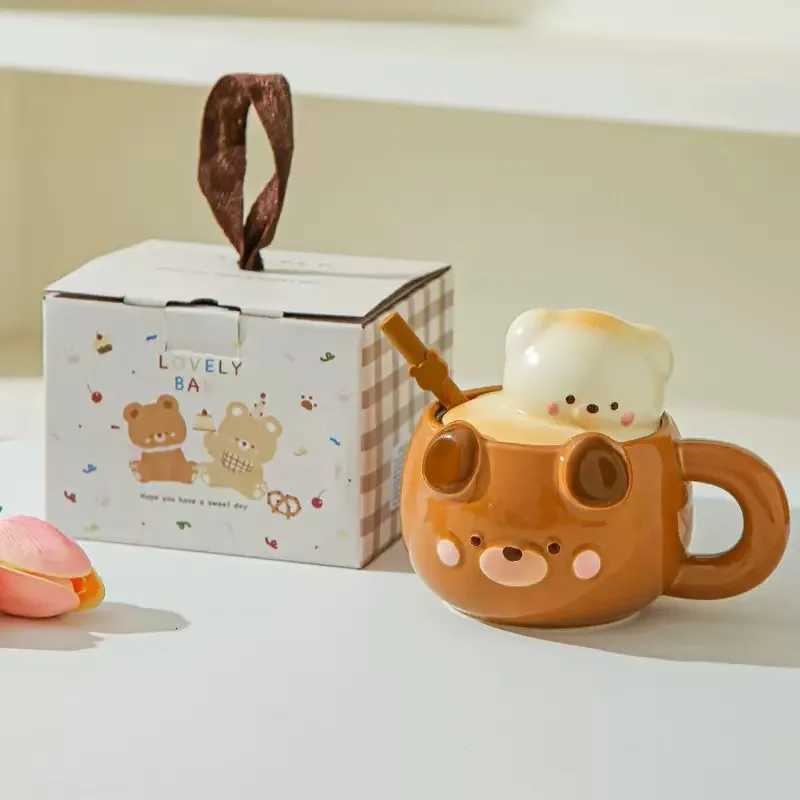 Cartoon Pig Bear Shaped Coffee g With Lid And Silicone Straw Ceramic Kids Water Cup Porcelain gs H251215