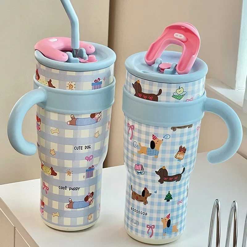700/1200ml Large Capacity Straw Thermos Cup Stainless Steel Tumbler Bottle Car Travel Mugs With Handle Kawaii Thermos Cup Gift H251215