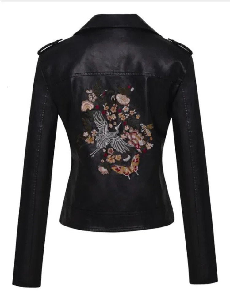Women Patchwork Leather Jackets Flower Embroidery Rivets Short Section Pu Small Casual Motorcycle Coats 251205
