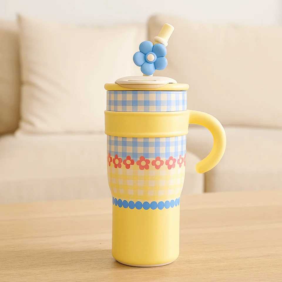 1200ml Straw Thermos Cup Ceramic Inner Stainless Steel Thermos Water Bottle Leakproof Large Capacity Drinking Straw Cup H251215