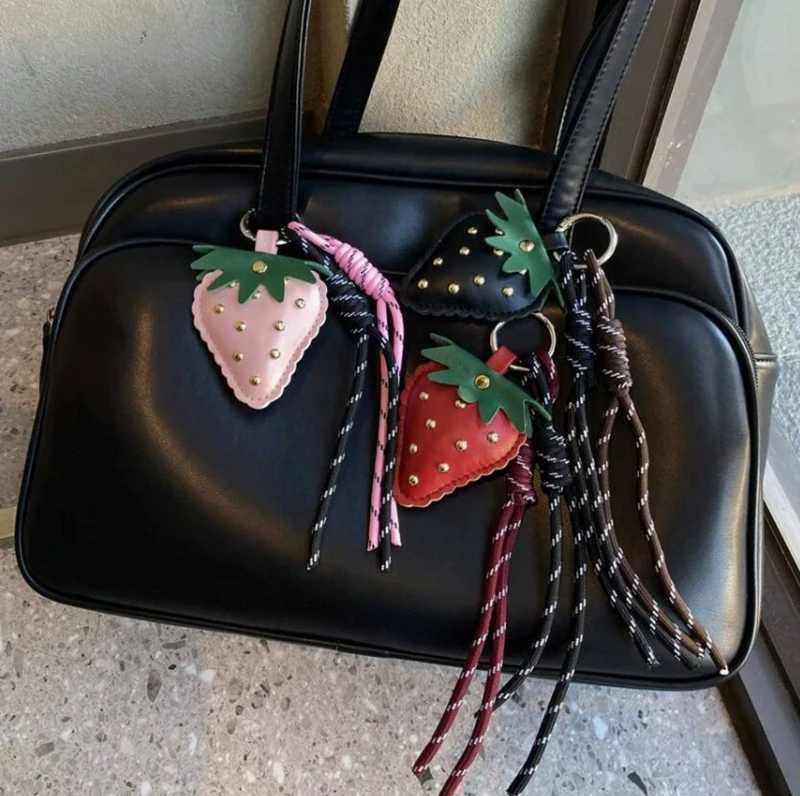 Cute Leather Strawberry Bag Pendant Charms Nylon Rope Keychain Aesthetics Backpack Accessories For Women Gift M251215