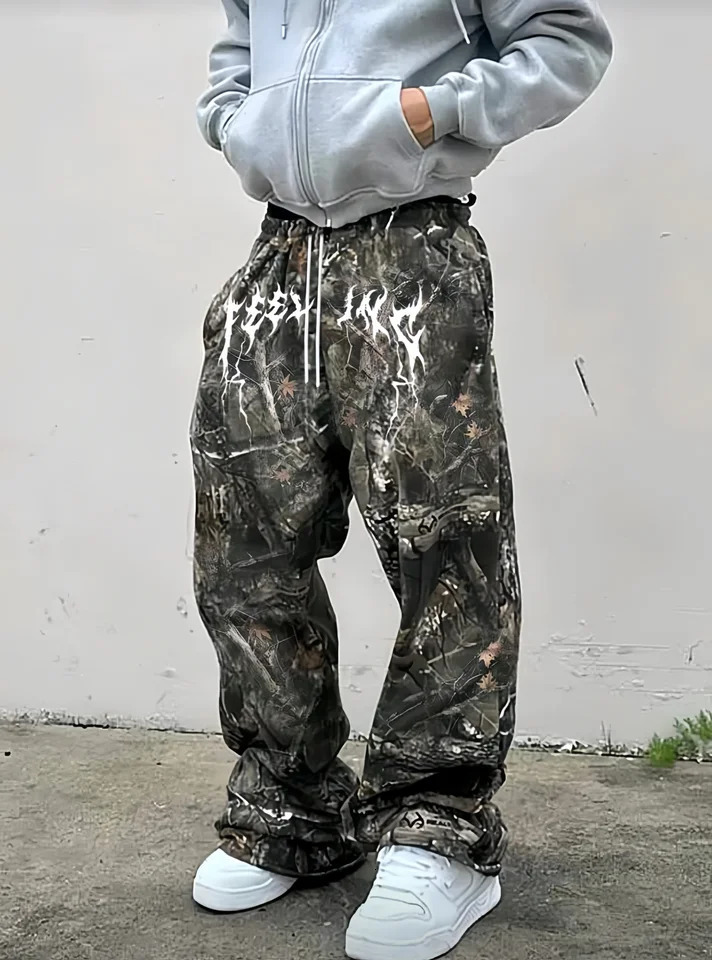 Mens Y2k Camo Sweatpants Drawstring Elastic Waist Baggy Straight Leg Pants with Pockets Streetwear 251212