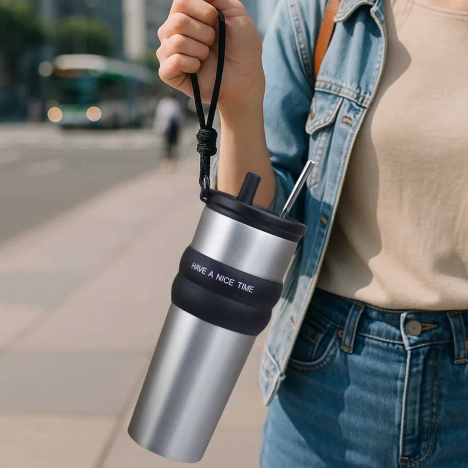 24oz Large Capacity Portable Car Cup Stainless Steel Thermos Cup with Straw Handle Travel Sports Water Bottle Vacuum Flask H251215