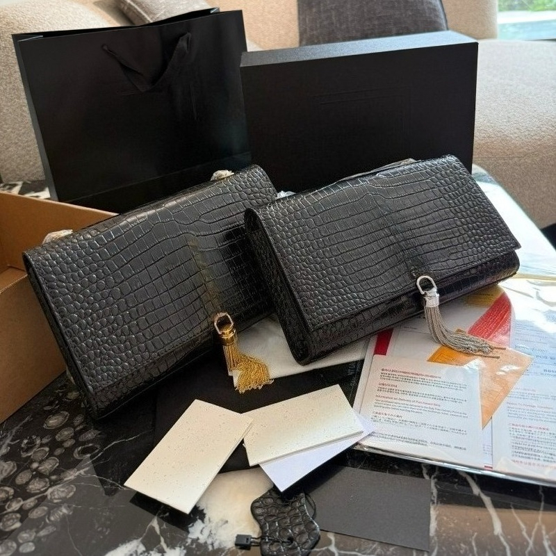 Designer Shoulder Bag Purse Crossbody Flap Leather Chain Wallet Classic Black Gold Label Fashion Handbag Envelope Bags with Tassel