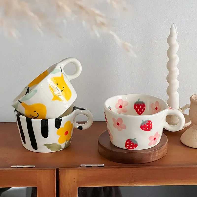 300ml Cute Hand Pinched Ceramic gs Hand drawn Flowers Coffee Cup Student Breakfast milk oatmeal cup Gift Off Water cups H251215