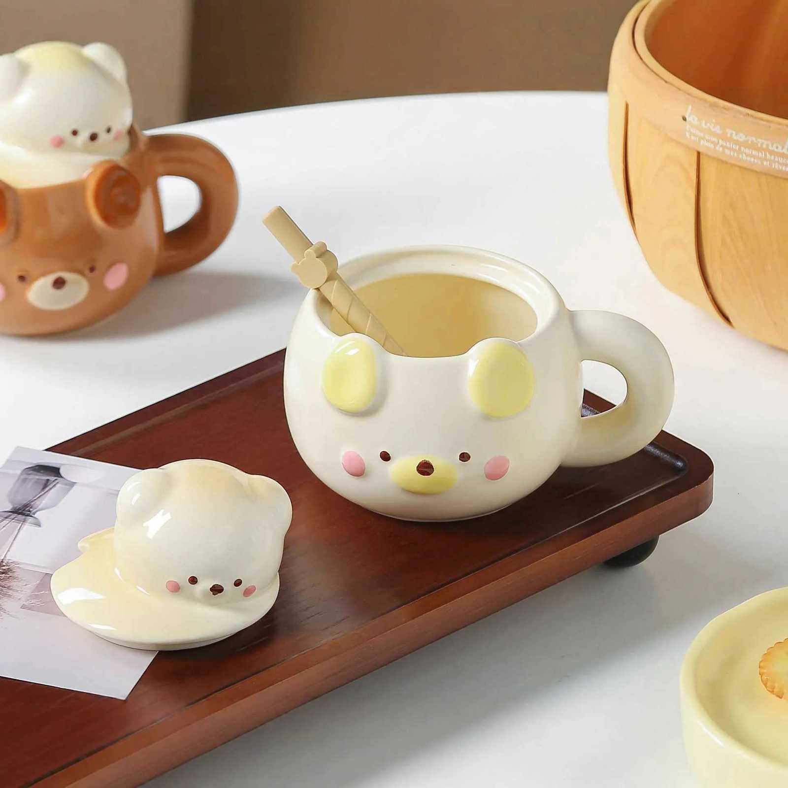 Cartoon Pig Bear Shaped Coffee g With Lid And Silicone Straw Ceramic Kids Water Cup Porcelain gs H251215